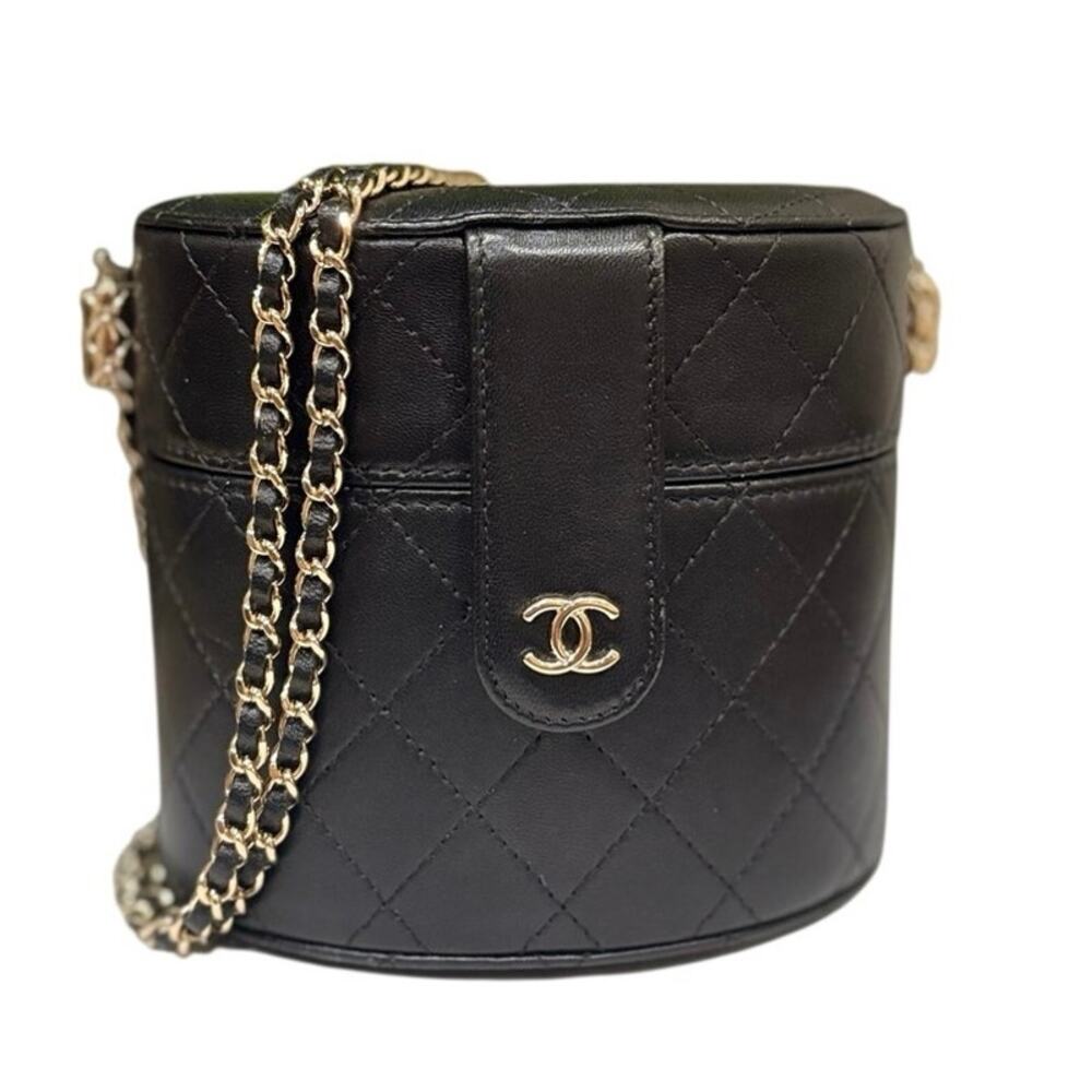 Authentic Chanel Lambskin Quilted Round Vanity Case With Chain Black